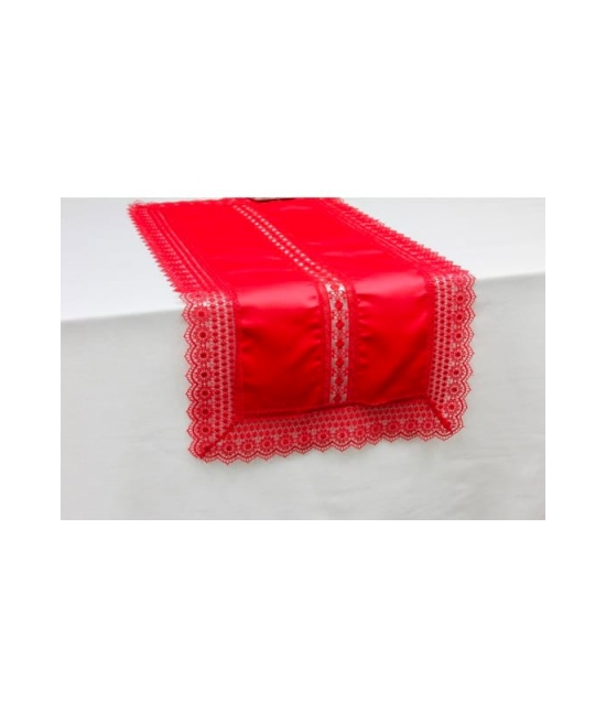 Runner natalizio in raso con inserto e macrame : Colore - Rosso, Tessuto - Poliestere, Misura - 40x120 cm