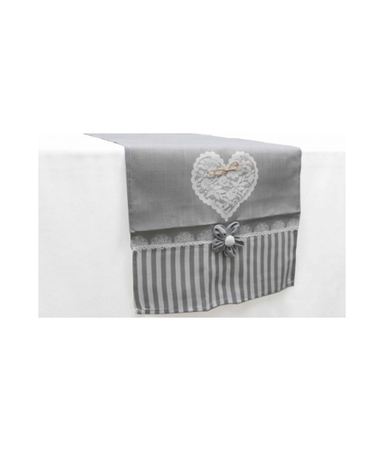 Runner stampato con passamaneria e applicazione : Colore - Grigio, Tessuto - Poliestere, Misura - 40x140 cm