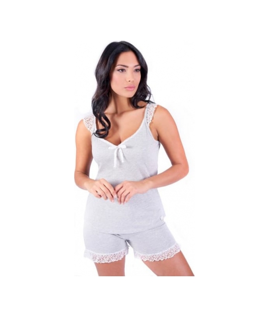 Pigiama con canotta e shorts ed inserto in pizzo - w003 : Colore - Grigio, Taglia - S, Tessuto - Cotone