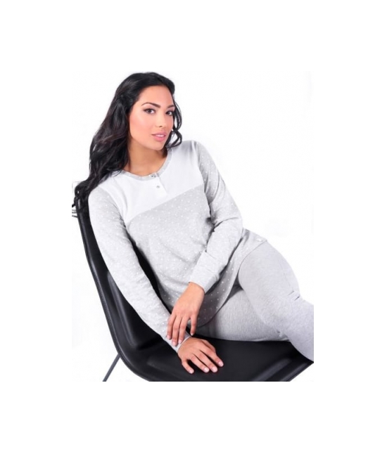 Pigiama con maniche e gambe lunghe stampato fantasia pois - w005 : Colore - Grigio, Taglia - M, Tessuto - Cotone