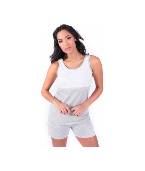 Pigiama con canotta e shorts stampato fantasia pois - w007 : Colore - Grigio, Taglia - M, Tessuto - Cotone