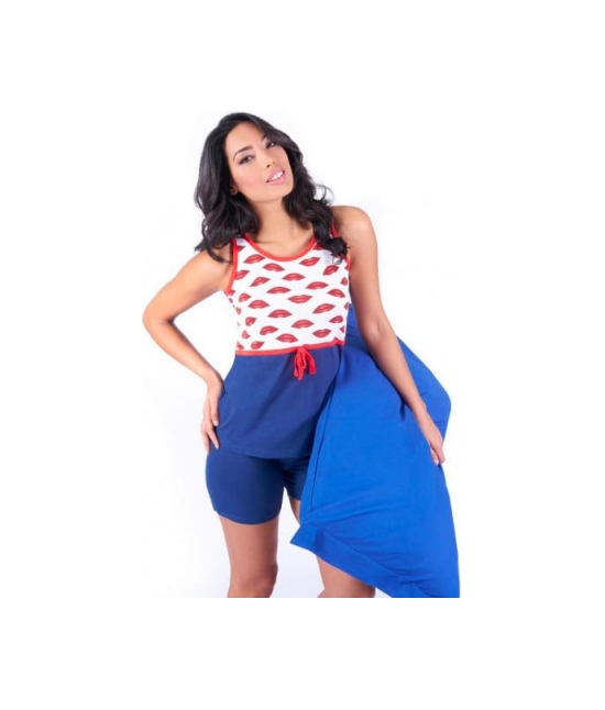 Blanco raya - Pigiama donna con canotta spalla larga e shorts stampato all over - w019.