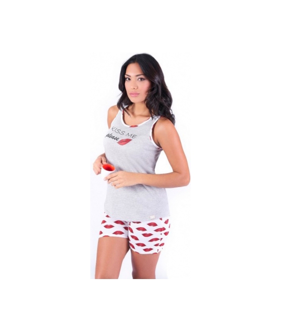 Blanco raya - Pigiama donna con canotta spalla larga e shorts stampato all over - w021.