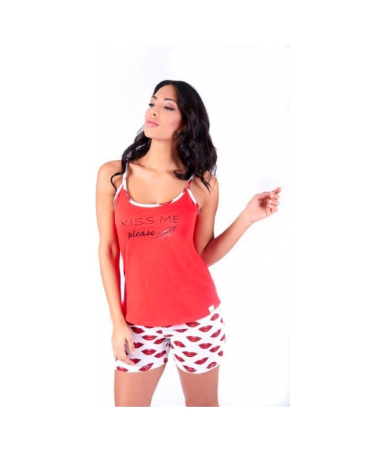 Pigiama con canotta a spalline strette e shorts stampato all over - w022 : Colore - Rosso, Taglia - Xl, Tessuto - Cotone