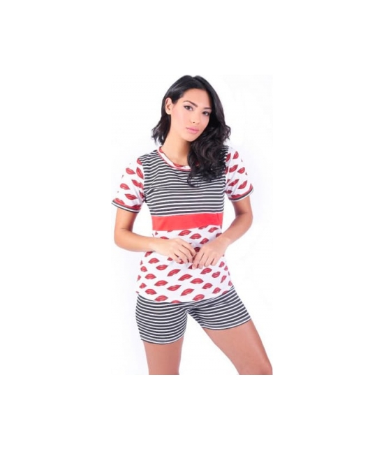 Pigiama tre pezzi con maglia a maniche corte pantaloni gamba lunga e shorts stampato - w024 : Taglia - L, Tessuto - Cotone, Colore - Nero