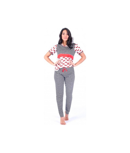 Pigiama tre pezzi con maglia a maniche corte pantaloni gamba lunga e shorts stampato - w024 : Taglia - Xl, Tessuto - Cotone, Colore - Nero