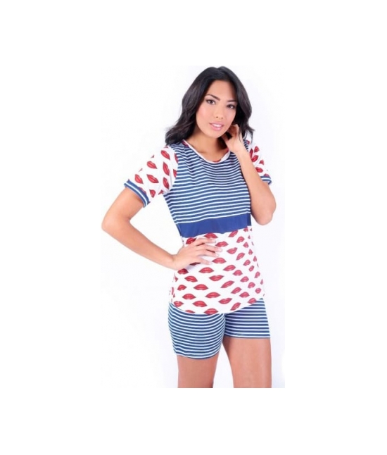 Pigiama tre pezzi con maglia a maniche corte pantaloni gamba lunga e shorts stampato - w024 : Colore - Blue, Taglia - L, Tessuto - Cotone