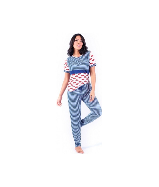 Pigiama tre pezzi con maglia a maniche corte pantaloni gamba lunga e shorts stampato - w024 : Colore - Blue, Taglia - M, Tessuto - Cotone