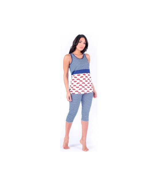 Pigiama con canotta a spalla larga e pinocchietto stampato all over - w025 : Taglia - Xl, Colore - Blue, Tessuto - Cotone