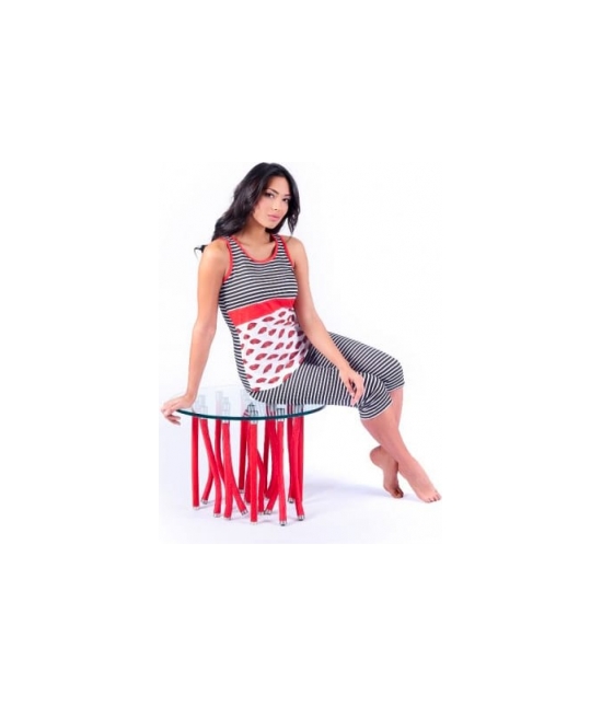 Blanco raya - Pigiama donna con canotta a spalla larga e pinocchietto stampato all over - w025.