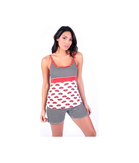 Blanco raya - Pigiama donna con canotta a spalline strette e shorts stampato all over - w026.