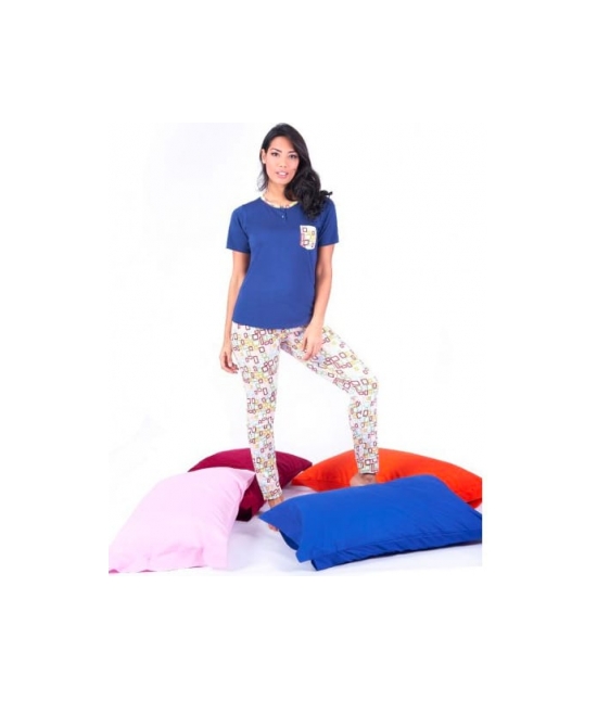 Pigiama in cotone con maglia maniche corte e pantaloni gamba lunga stampato fantasia geometrica - w008 : Colore - Blue, Taglia - S, Tessuto - Cotone
