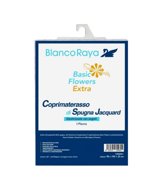 Coprimaterasso in spugna lavorazione jacquard elasticizzato con angoli - flower : Colore - Bianco, Misura - Singolo, Tessuto - Cotone
