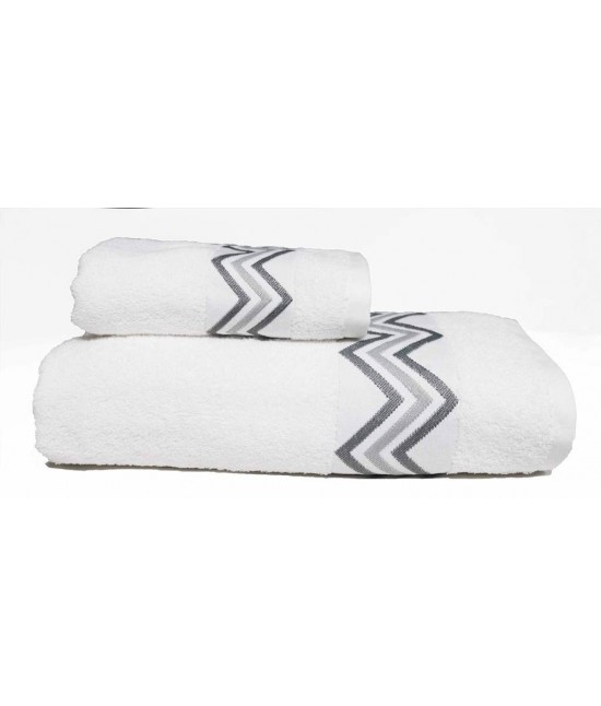 Set asciugamani bagno 1+1 in spugna con cesello jacquard ricamato - chevron : Colore - Bianco, Misura - Set asc. 1+1