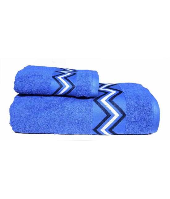 Set asciugamani bagno 1+1 in spugna con cesello jacquard ricamato - chevron : Colore - Blue, Misura - Set asc. 1+1