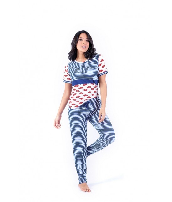 Pigiama donna tre pezzi con maglia a maniche corte pantaloni gamba lunga e shorts stampato - w024. : Taglia - Xl, Colore - Blue, Tessuto - Cotone