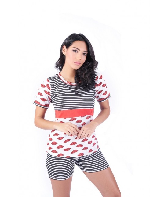Pigiama donna tre pezzi con maglia a maniche corte pantaloni gamba lunga e shorts stampato - w024. : Taglia - Xl, Tessuto - Cotone, Colore - Nero