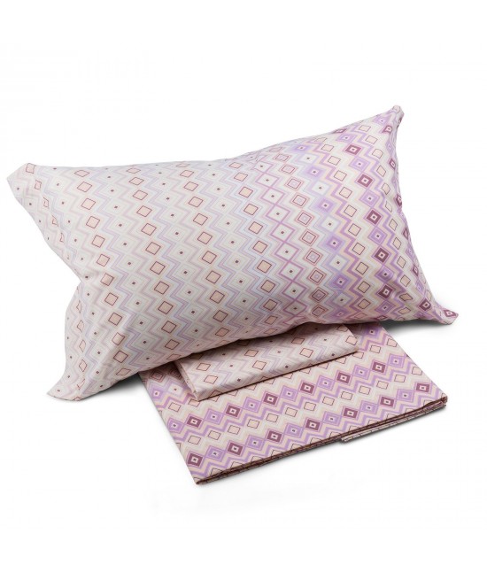 Completo lenzuola in 100% cotone stampato composto da sopra + sotto con angoli + federa - smith. : Colore - Rosa, Misura - 1 piazza e mezza