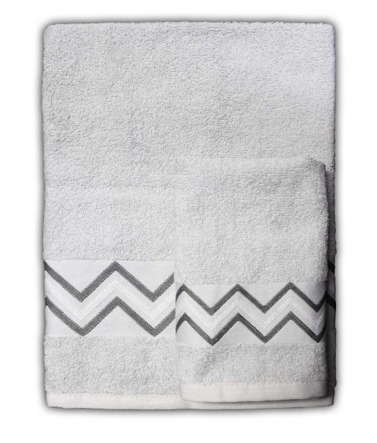 Set asciugamani bagno 1+1 in spugna con cesello jacquard ricamato - chevron : Colore - Grigio, Misura - Set asc. 1+1