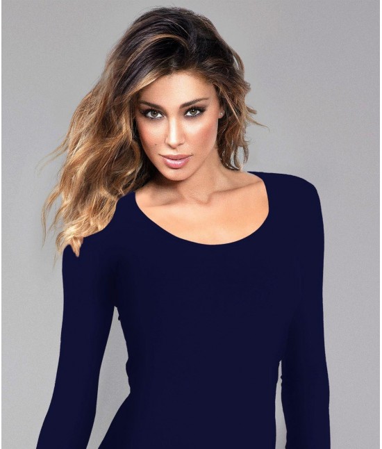 T-shirt donna manica lunga con scollo tondo in cotone coprente elasticizzato - 4056. : Colore - Blue, Taglia - L