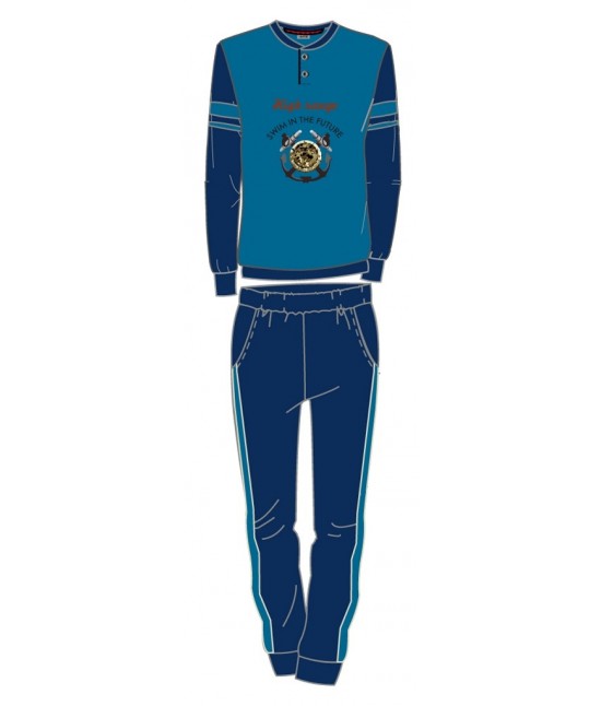 Pigiama uomo con maglia maniche lunghe stampa stemma e pantaloni gambe lunghe tinta unita - m005. : Taglia - Xl, Colore - Azzurro, Tessuto - Cotone
