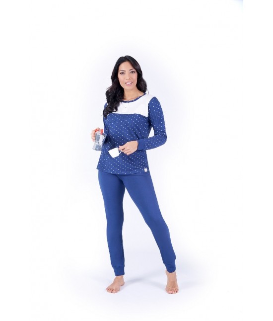 Pigiama donna con maniche e gambe lunghe stampato fantasia pois - w005. : Colore - Blue, Taglia - M, Tessuto - Cotone
