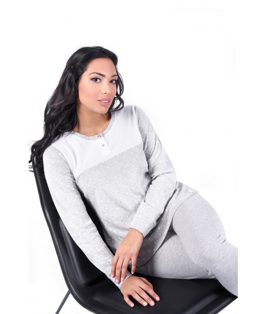 Pigiama donna con maniche e gambe lunghe stampato fantasia pois - w005. : Colore - Grigio, Taglia - S, Tessuto - Cotone