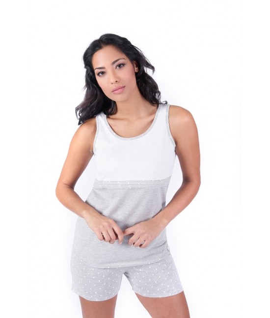 Pigiama donna con canotta e shorts stampato fantasia pois - w007. : Colore - Grigio, Taglia - Xl, Tessuto - Cotone