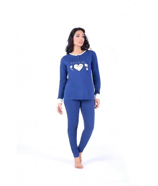 Pigiama donna con maniche e gambe lunghe stampato - w010. : Colore - Blue, Taglia - L, Tessuto - Cotone