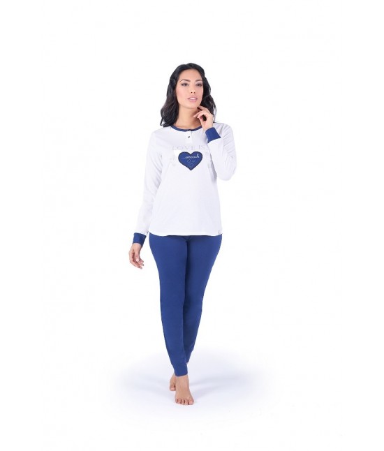 Pigiama donna con maniche e gambe lunghe stampato - w010. : Colore - Bianco, Taglia - S, Tessuto - Cotone