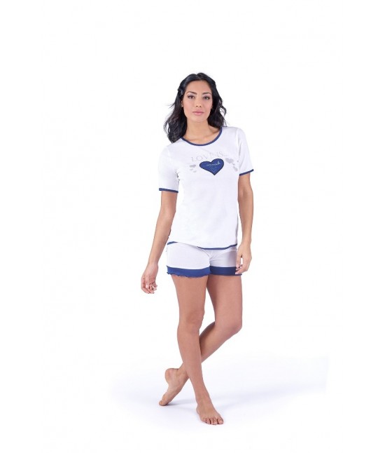 Pigiama donna con maglia maniche corte e shorts stampato - w012. : Colore - Bianco, Taglia - Xl, Tessuto - Cotone