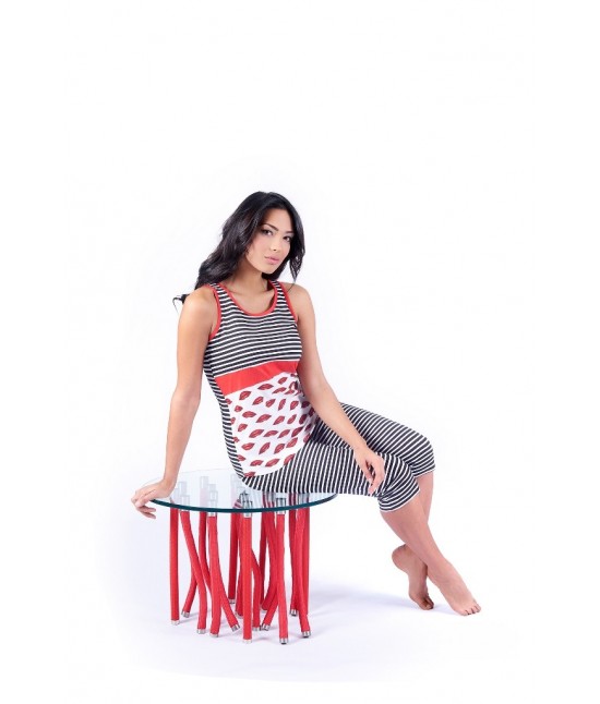 Pigiama donna con canotta a spalla larga e pinocchietto stampato all over - w025. : Taglia - M, Tessuto - Cotone, Colore - Nero