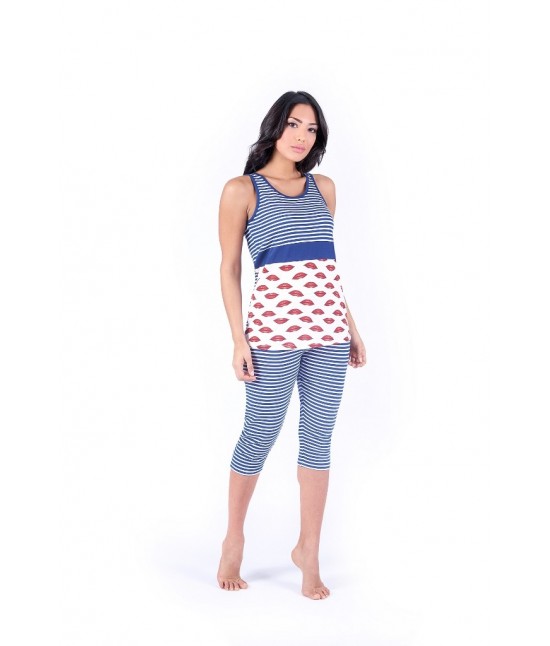 Pigiama donna con canotta a spalla larga e pinocchietto stampato all over - w025. : Taglia - Xl, Colore - Blue, Tessuto - Cotone