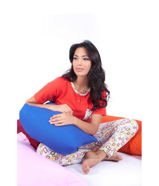 Pigiama donna in cotone con maglia maniche corte e pantaloni gamba lunga stampato fantasia geometrica - w008. : Colore - Rosso, Taglia - M, Tessuto - Cotone