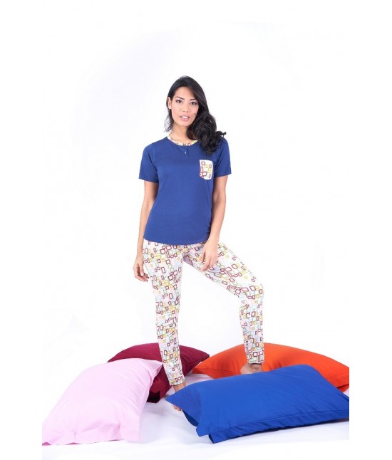 Pigiama donna in cotone con maglia maniche corte e pantaloni gamba lunga stampato fantasia geometrica - w008. : Colore - Blue, Taglia - M, Tessuto - Cotone