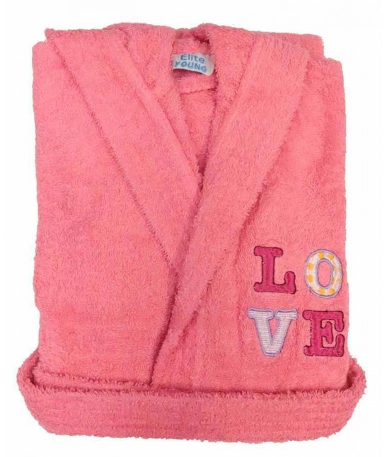 Accappatoio bambino in spugna con cappuccio e ricamo tinta unita - pakito : Colore - Rosa, Taglia - 3-4 anni, Tessuto - Cotone, Variante - Love