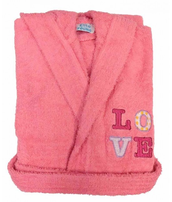 Accappatoio bambino in spugna con cappuccio e ricamo tinta unita - pakito : Colore - Rosa, Taglia - 7-8 anni, Tessuto - Cotone, Variante - Love