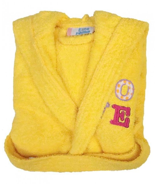Accappatoio bambino in spugna con cappuccio e ricamo tinta unita - pakito : Colore - Giallo, Tessuto - Cotone, Taglia - 5-6 anni, Variante - Love