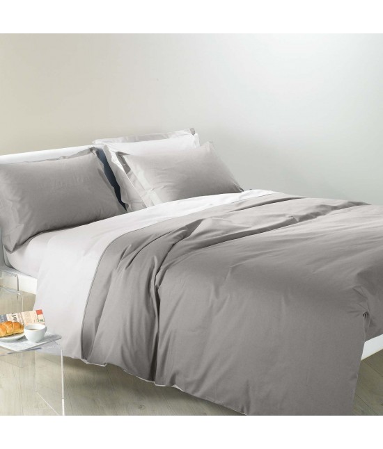 Completo lenzuola in 100% cotone tinta unita composto da sopra + sotto con angoli + federa - bicolor : Misura - Singolo, Colore - Grigio