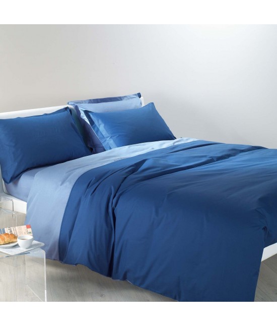 Completo lenzuola in 100% cotone tinta unita composto da sopra + sotto con angoli + federa - bicolor : Colore - Blue, Misura - 1 piazza e mezza