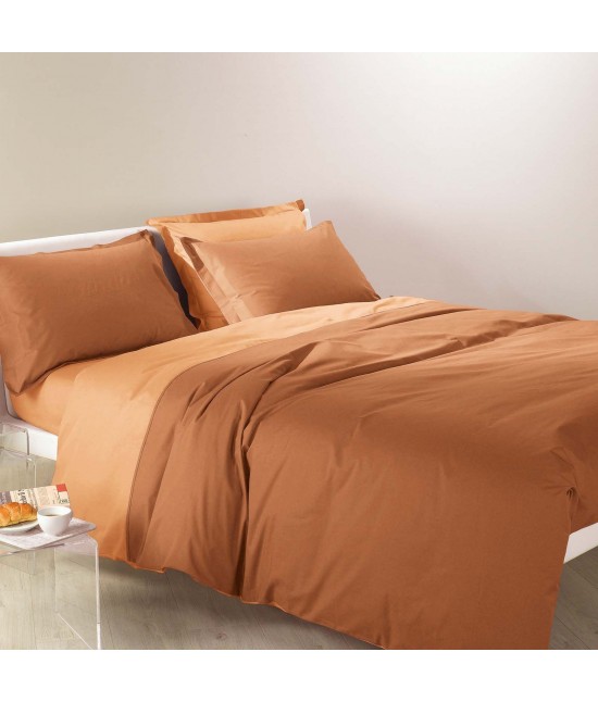 Completo lenzuola in 100% cotone tinta unita composto da sopra + sotto con angoli + federa - bicolor : Colore - Arancio, Misura - 1 piazza e mezza