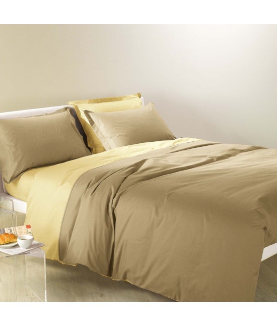 Completo lenzuola in 100% cotone tinta unita composto da sopra + sotto con angoli + federa - bicolor : Misura - 1 piazza e mezza, Colore - Oro