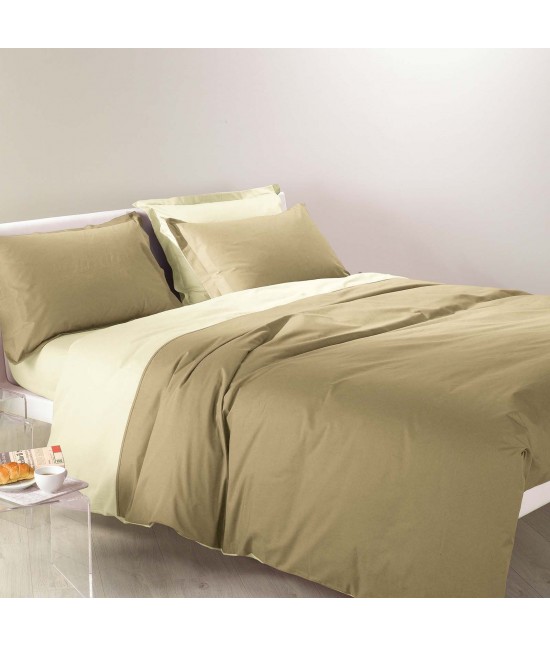 Completo lenzuola in 100% cotone tinta unita composto da sopra + sotto con angoli + federa - bicolor : Colore - Beige, Misura - Matrimoniale