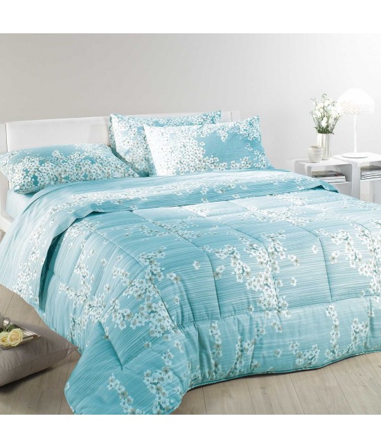 Trapunta invernale stampata con imbottitura anallergica in fibra di poliestere - fior di pesco. : Misura - Matrimoniale, Colore - Azzurro
