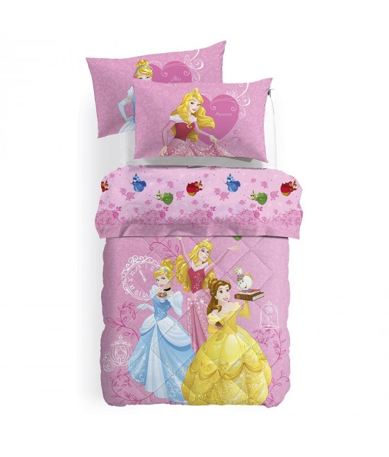 Trapunta invernale stampata in 100% cotone con imbottitura anallergica in fibra di poliestere - princess gioia. : Misura - Singolo, Colore prodotto - Rosa