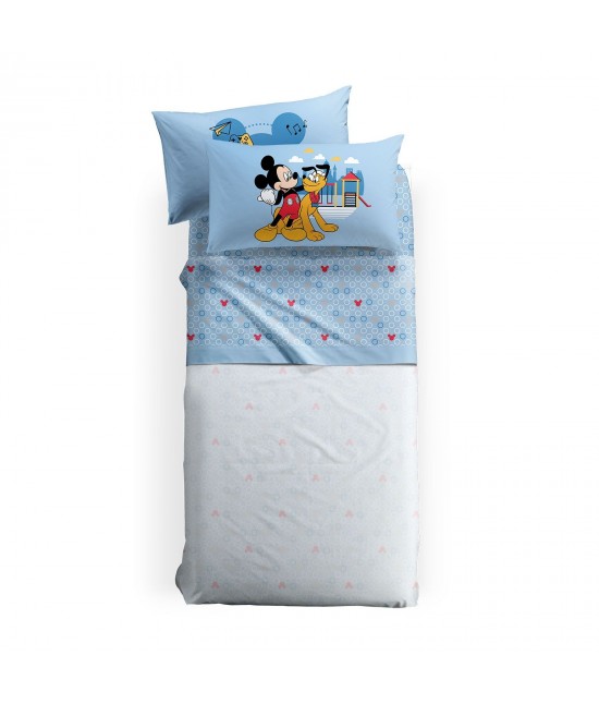 Completo lenzuola in 100% cotone stampato composto da sopra + sotto con angoli + 1 federa - mickey & pluto.