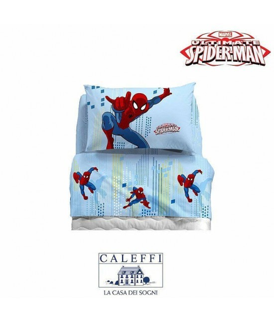 Caleffi - Completo lenzuola in 100% cotone stampato composto da sopra + sotto con angoli + 1 federa - spider-man sky.