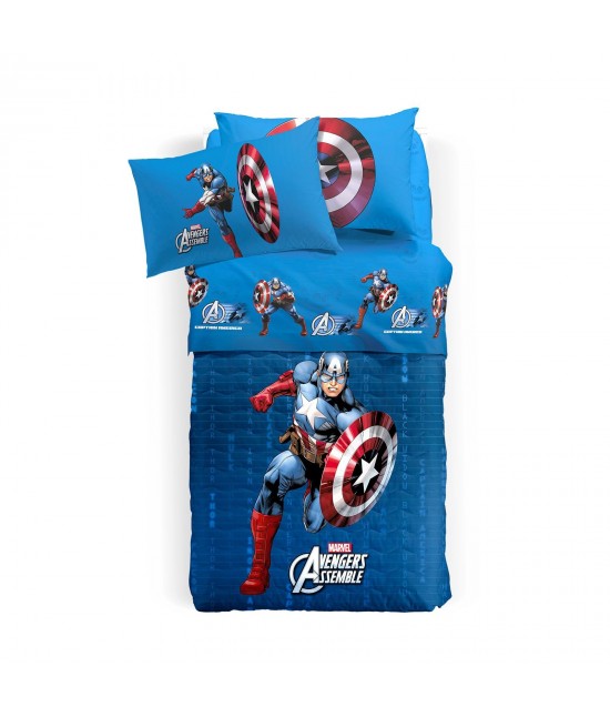 Trapunta invernale stampata in 100% cotone con imbottitura anallergica in fibra di poliestere - captain america. : Misura - Singolo, Colore prodotto - Azzurro