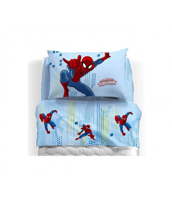 Completo lenzuola in 100% cotone stampato composto da sopra + sotto con angoli + 1 federa - spider-man sky. : Misura - Singolo, Colore prodotto - Azzurro