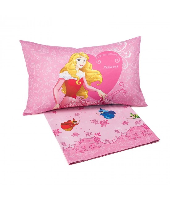 Parure in 100% cotone stampato composto da lenzuolo + 1 federa - princess gioia. : Misura - Singolo, Colore prodotto - Rosa